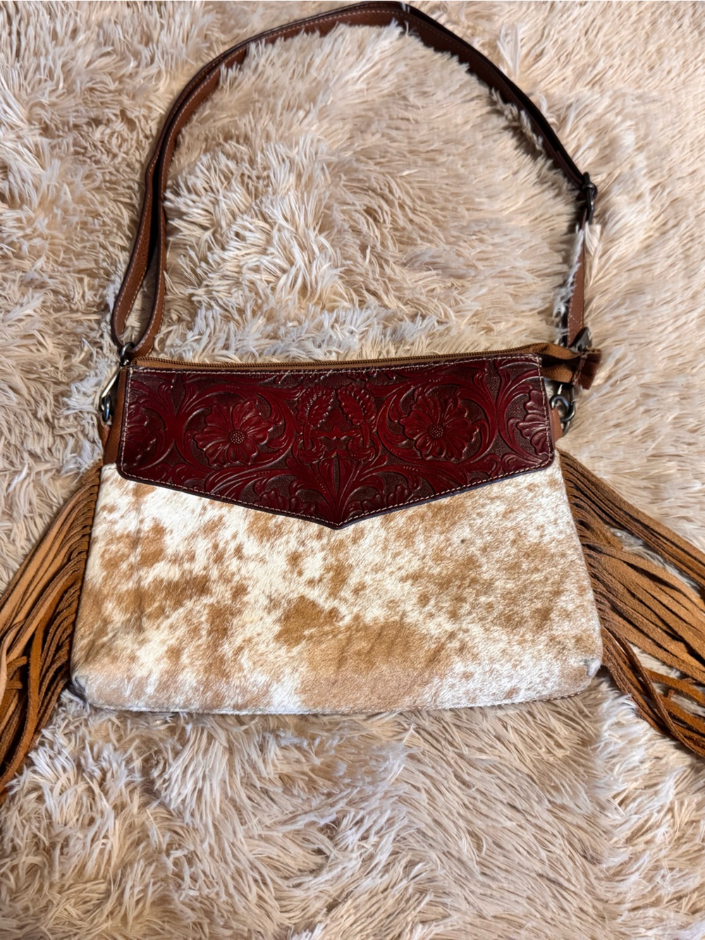Leather & Haircalf Fringe Shoulder Bag in Brown and Cream Cross Body
